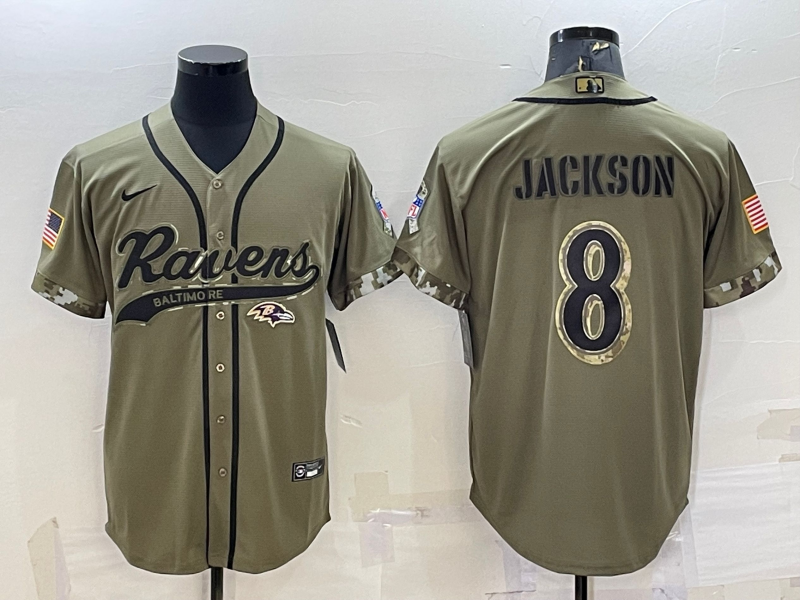 Men's Baltimore Ravens #8 Lamar Jackson Olive 2022 Salute to Service Cool Base Stitched Baseball Jersey Men's Baltimore Ravens #8 Lamar Jackson Olive 2022 Salute to Service Cool Base Stitched Baseball Jersey